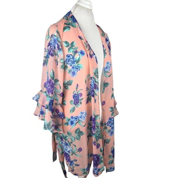 Susan Graver Tops - Susan Graver Peach Floral Chiffon Cardigan Kimono Ruffle Sleeve Robe 1X Feminine